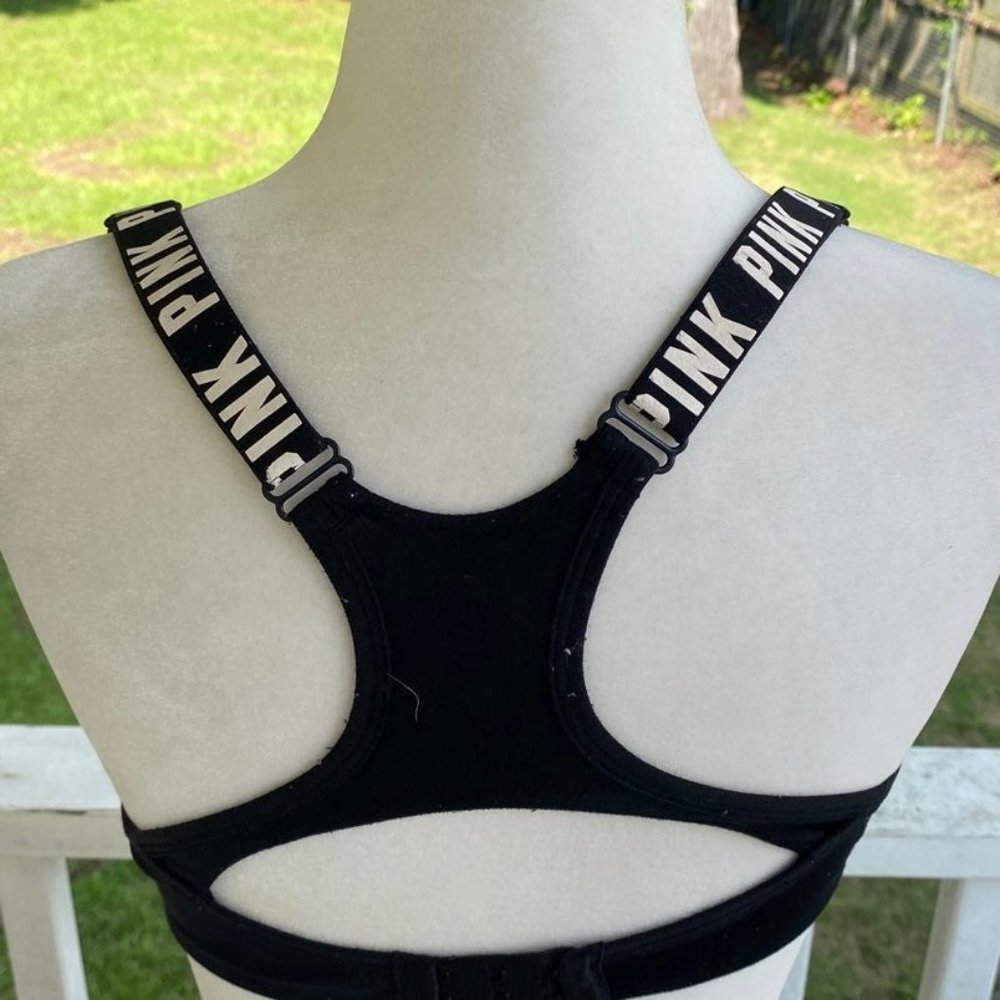 VS PINK ULTIMATE Push Up Sports Bra Sz Medium A-C Cup Black w Logos Racerback - Picture 7 of 12
